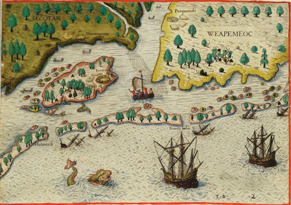 A map illustration showing ships arriving in the land to be known as 'Virginia'