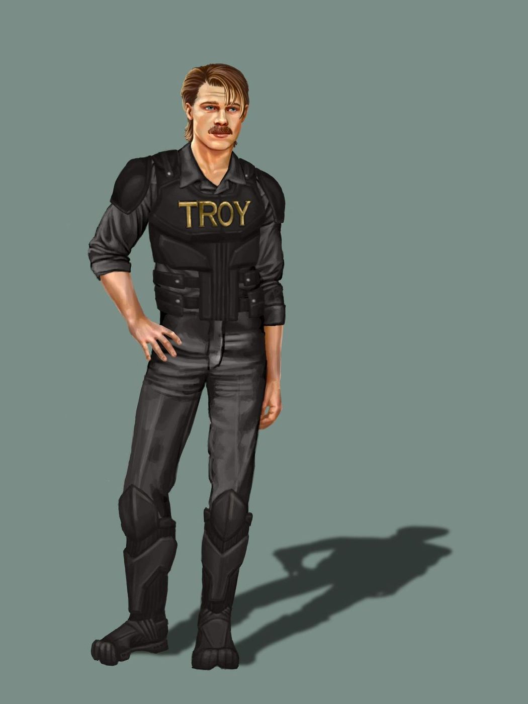 An illustration of a man wearing black combat gear with 'Troy' written in gold on the front.