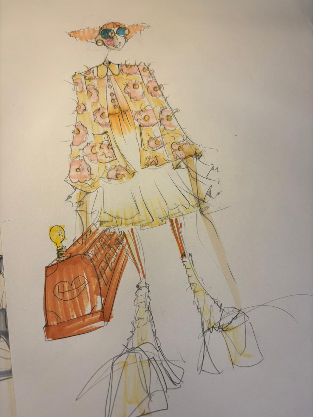 A fashion illustration of Pandarus from Troilus and Cressida. The figure has a flowery yellow jacket and skirt and holds a makeup bag with the words 'War Paint'.
