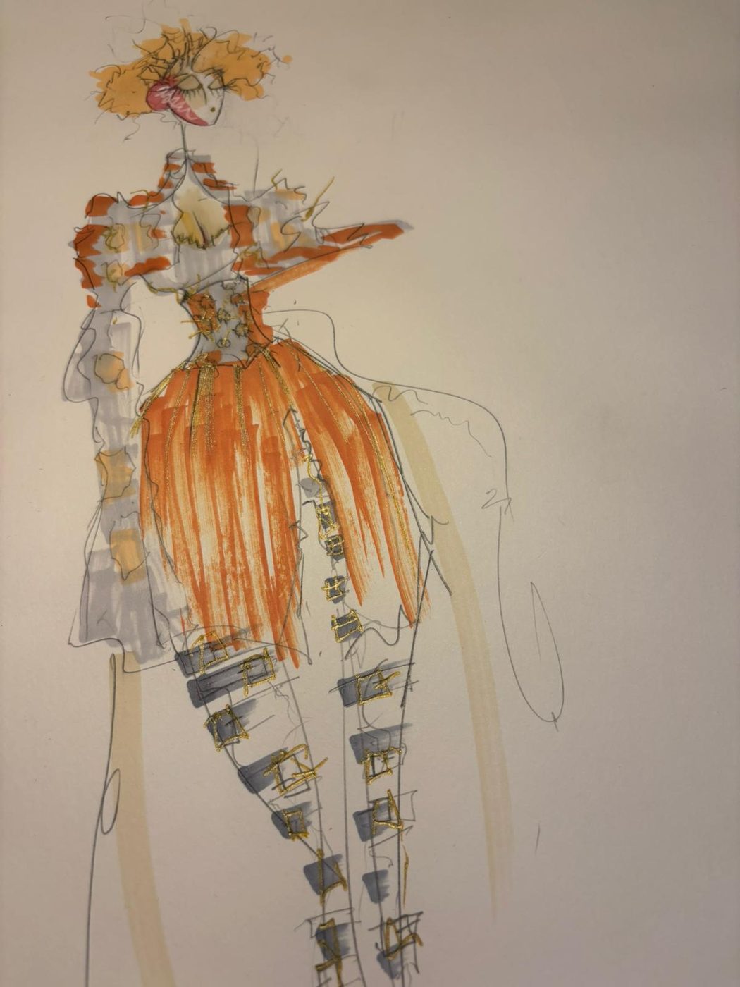 A fashion illustration of a figure wearing orange and grey clothes with belt buckles covering the legs.