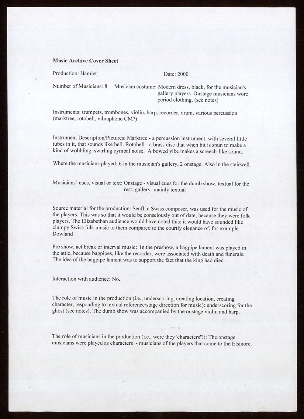 A document listing the music in Hamlet.