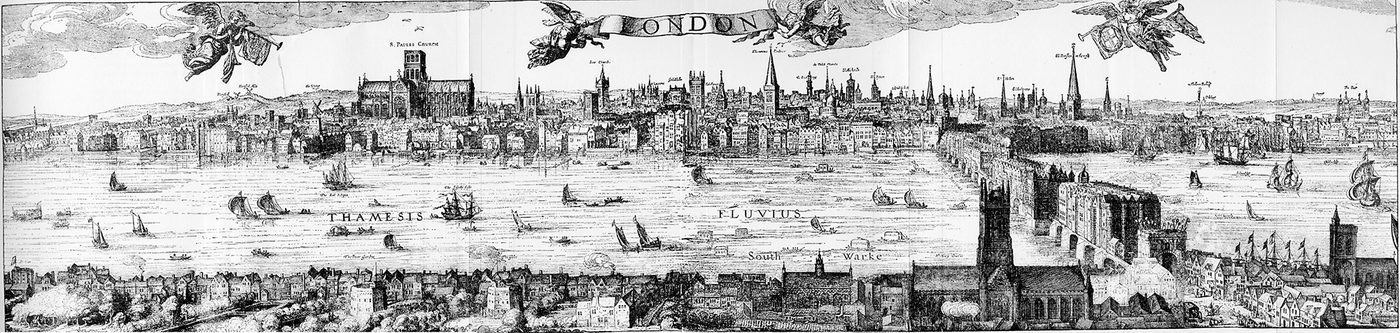 A panorama view of London with St Pauls, the City of London to the North, and the theatre and bear-baiting pits to the south of the river, from the early 1600s.