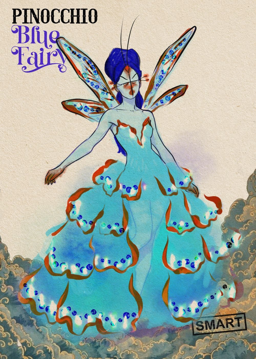 A sketch of a person wearing the costume of the Blue Fairy in Pinocchio. They are wearing a beautiful blue layered strapless dress with delicate, bejewelled blue wings attached. Their hair is dark blue and in a beehive style, and their skin is painted blue.