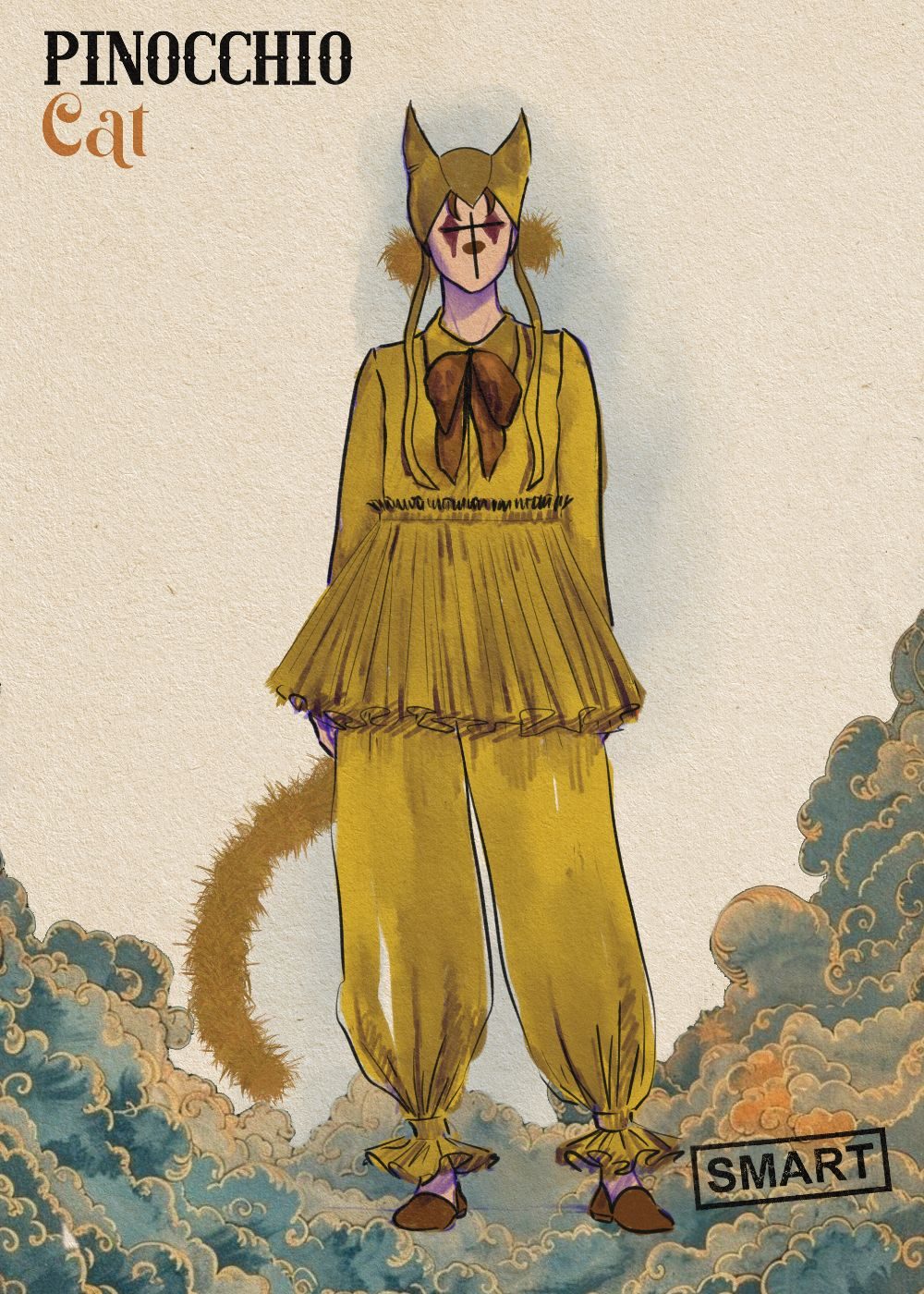 A sketch of a person wearing the costume of Cat in Pinocchio. The person is wearing a yellow hat with cat ears and fluffy bobbles, a yellow tunic and bow with a tutu skirt, yellow pantaloons and a fluffy yellow tail.