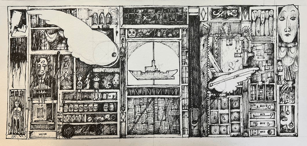 A sketch of a wall full of intricate objects.