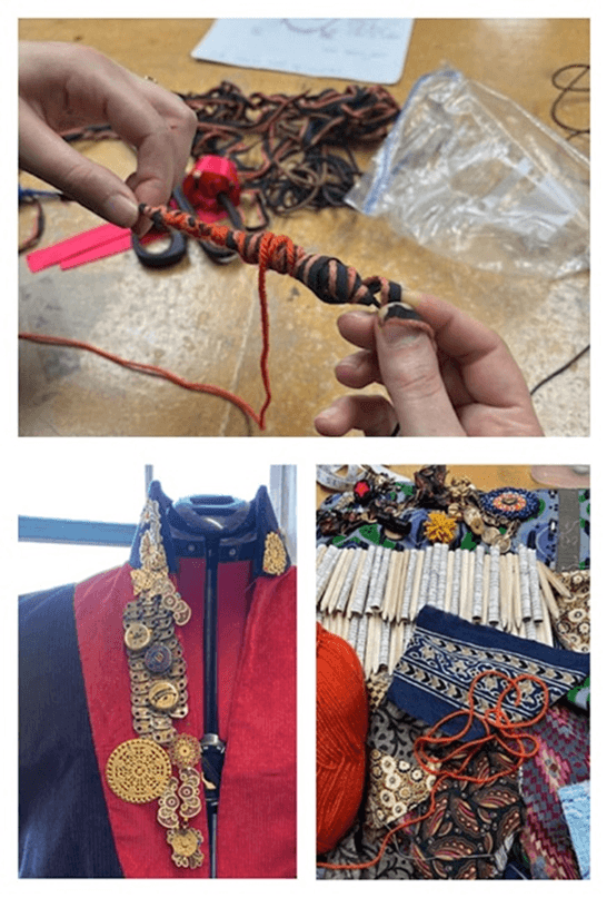 Three images of costume details. The top image shows hands holding rolled cords of fabric. The bottom two images show details like buttons and fabrics.