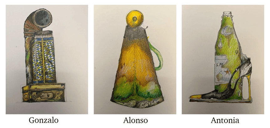 Three coloured drawings of props for The Tempest with the names Gonzalo, Alonso and Antonio.