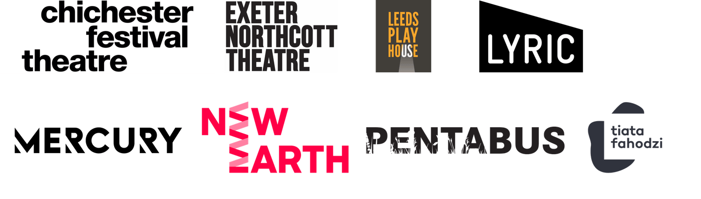 Logos for Chichester Festival Theatre, Exeter Northcott Theatre, Leeds Playhouse, Lyric, Mercury, New Earth, Pentabus, and tiata fahodzi