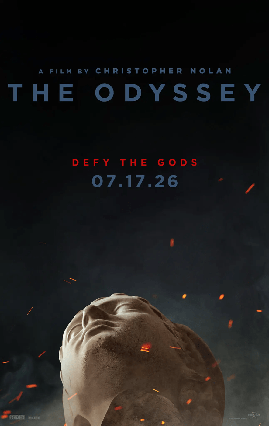 Poster for The Odyssey directed by Christopher Nolan featuring a statue head looking up to a dark blue sky