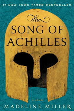 Book cover of The Song of Achilles by Madeline Miller featuring a golden helmet on a blue background
